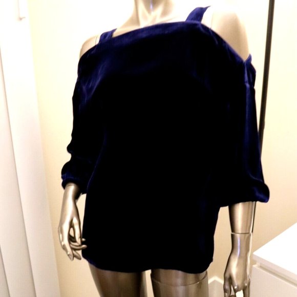 TIBI Velvet Top Blue Off The Shoulder Cold Shoulder Tunic Top Size XS $395 New - Picture 1 of 6